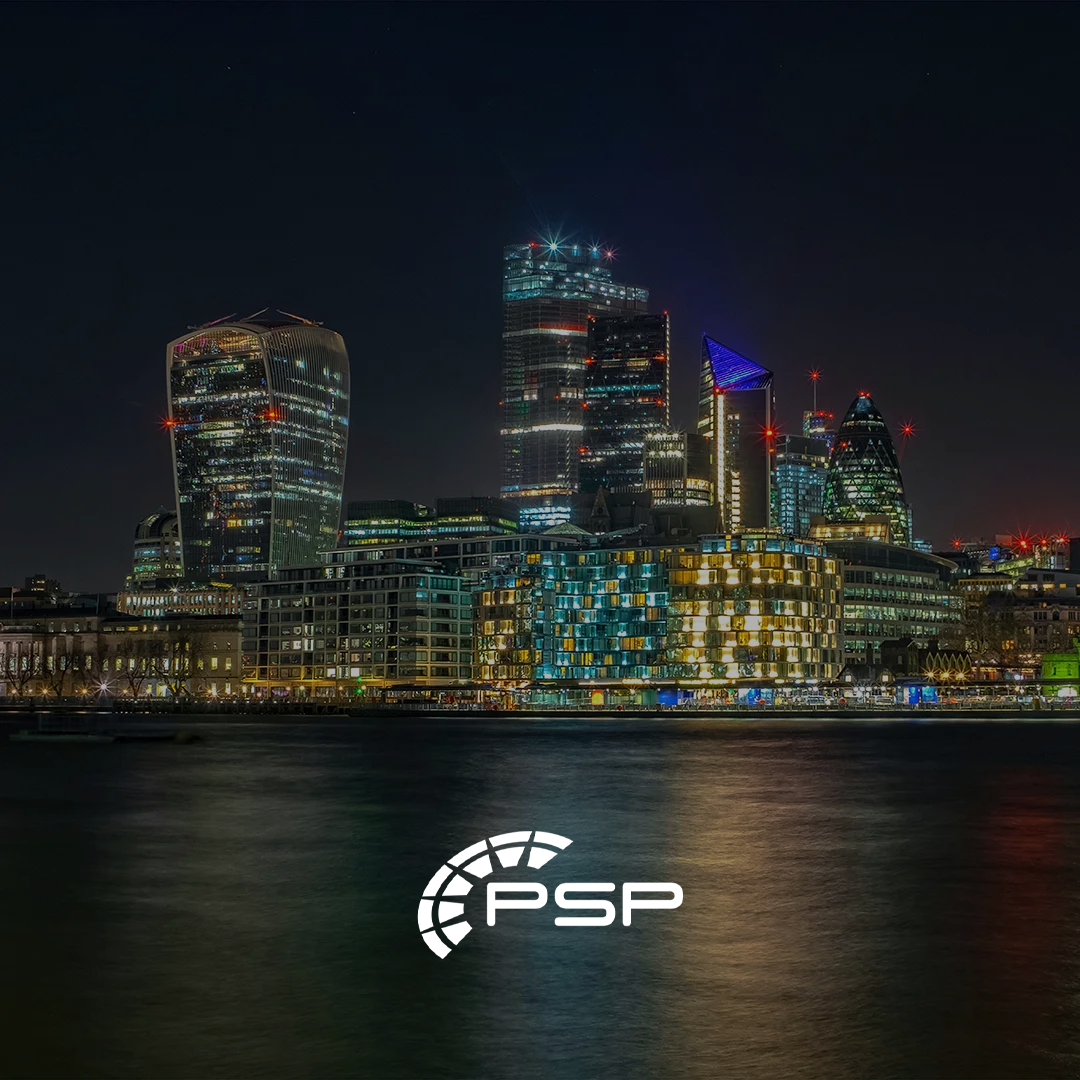 PSP logo on a picture of London at night