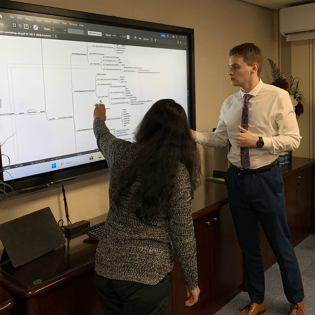 Business analysts studying mind maps on board