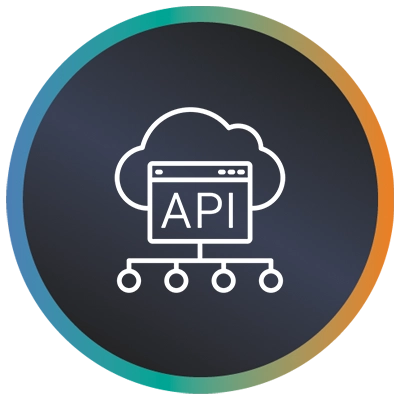 Circular logo with an API logo in a cloud and a teal-to-orange gradient border symbolising API cloud integrations.